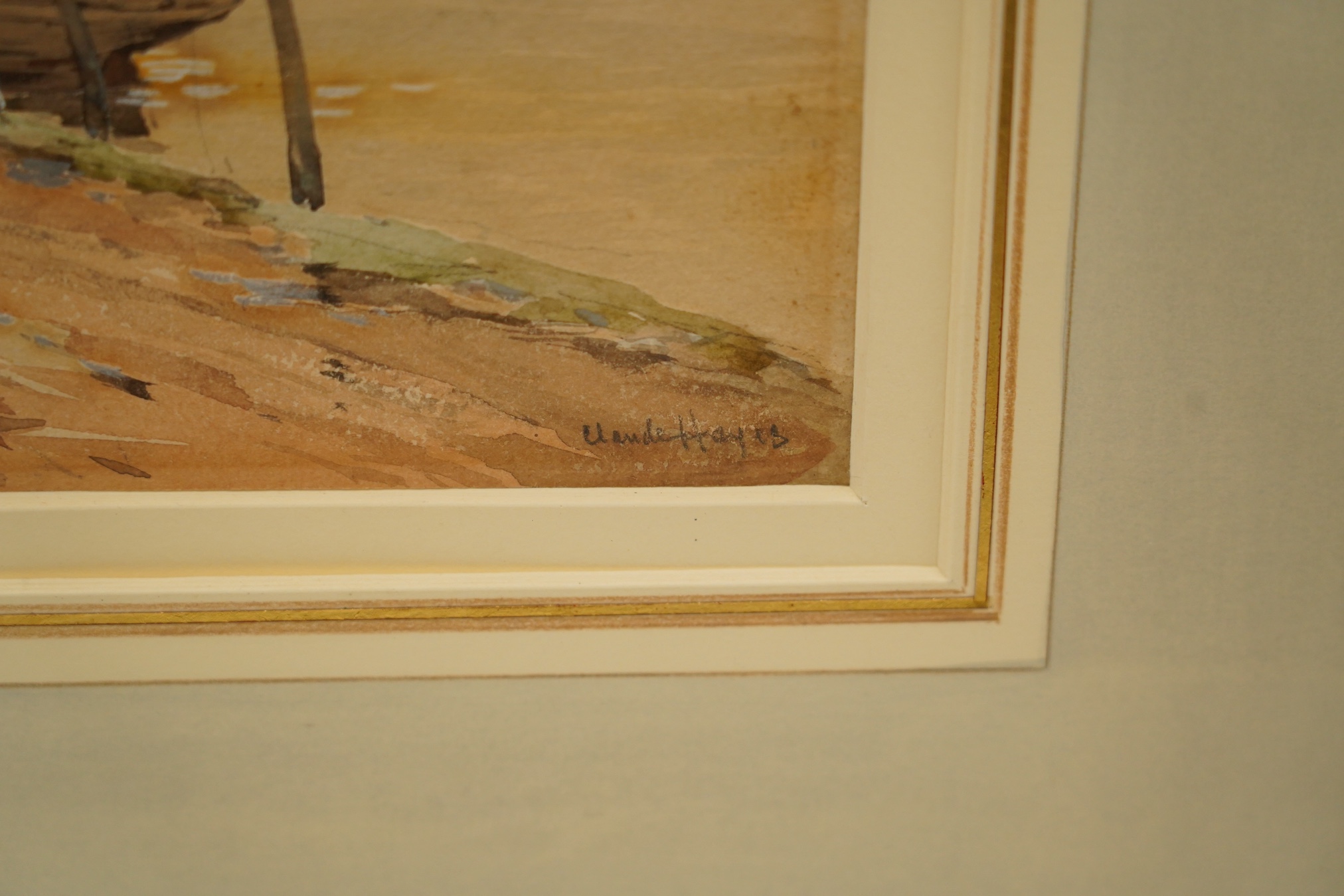 Claude Hayes (1852-1922), two watercolours, Town scene with church and Harbour scene, each signed, largest 16 x 26cm. Condition - poor to fair, discolouration to the paper